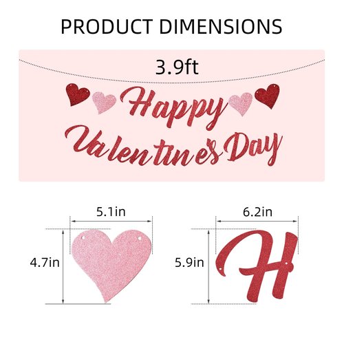 Glitter Happy Valentine's Day Banner with Hearts - Festive Valentine's Decor for Home, Party, Classroom - Red & Pink Romantic Sign for Valentine’s Holiday Decoration