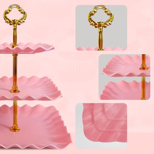 NWK 5 Piece Cake Stand Set with 2 x Large 3-Tier Cupcake Stands, 3 x Appetizer Trays, for Wedding Birthday Baby Shower Tea Party Decorations (Pink)