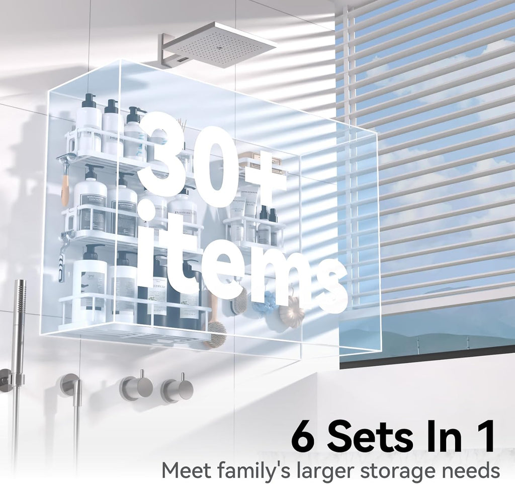 YASONIC Shower Caddy - 6 Pack Large Capacity Organizer with Soap Holder & 12 Hooks | Rustproof White Shelves