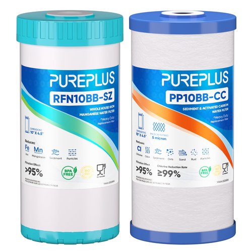 PUREPLUS 5 Micron 4.5"x 10" Whole House Water Filter Combo Kit with Sediment& Carbon, and Iron Reduce Filter, Replacement for GE FXHTC, GXWH40L, GXWH35F, GNWH38S, RFC-BBSA, WRC25HD, RFC-BB, 1PACK