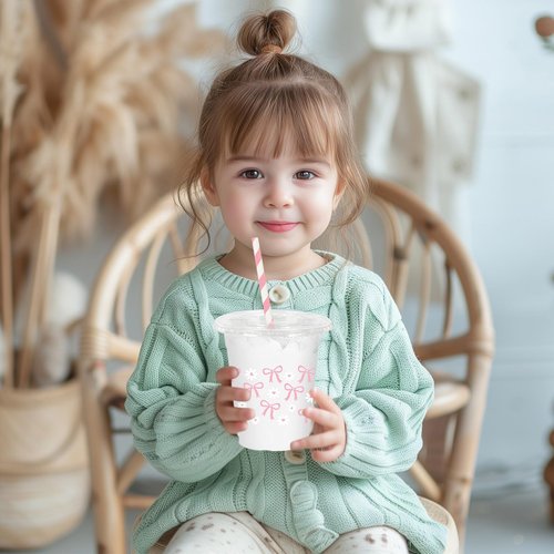 JarThenaAMCS 50 Pcs Pink Bow Plastic Cups with Lids and Straws 12 oz Pink Bow Daisy Clear Plastic Cups Disposable Cups for Mother's Day Birthday Wedding Party Supplies