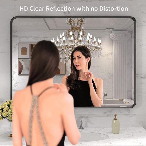 LOAAO Black Metal Framed Bathroom Mirror - 40x32 Inch Large Rounded Rectangle, Anti-Rust Tempered Glass