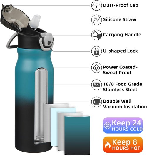 BJPKPK Insulated Water Bottle - 25oz Stainless Steel Flask with Straw, Leak-Proof Lid & Carry Handle | Indigo Black