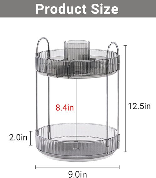 Asayuee 360 Rotating Makeup Organizer - 2-Tier Large Capacity for Skincare & Cosmetics Storage | Grey