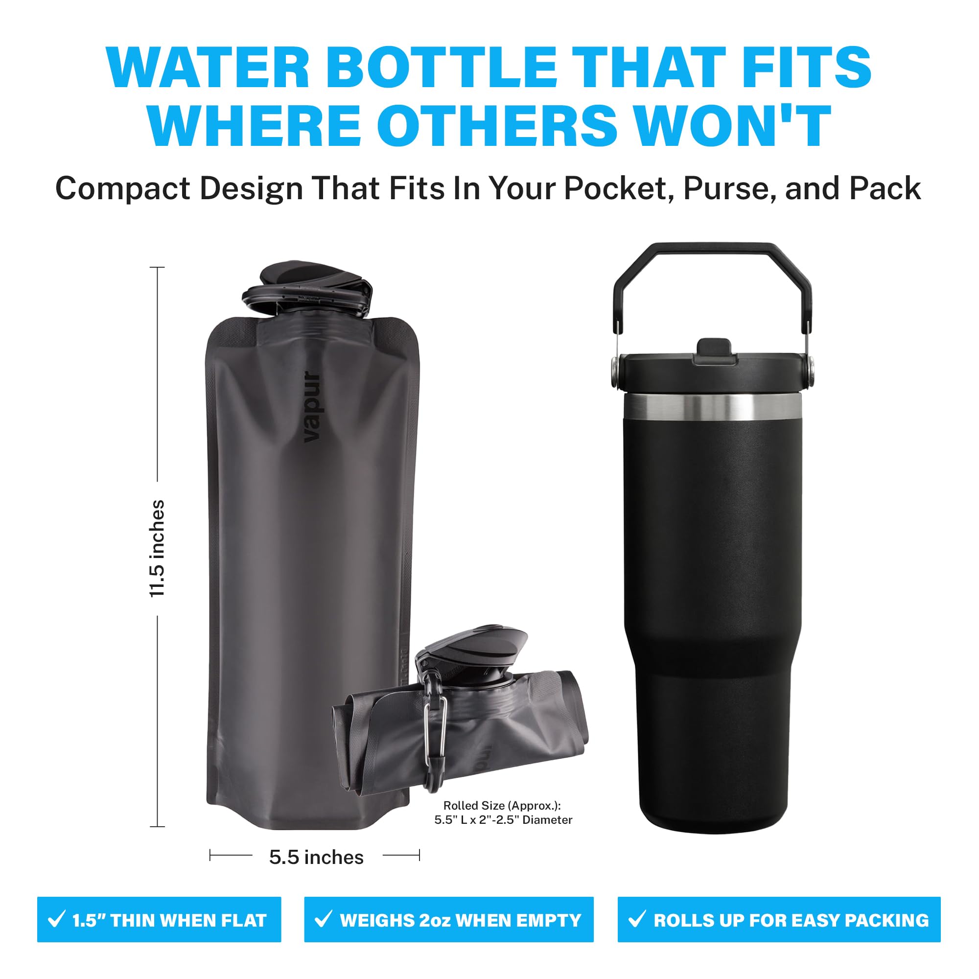 Vapur Collapsible Water Bottle with Carabiner - 34oz (1L), Blackout - Flexible and Lightweight Water Bottle for Travel, Concert, Hiking, and Outdoor Adventures - BPA-Free, Dishwasher-Safe, Freezable