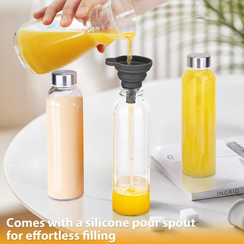 PROBTTL 18 oz Glass Juice Bottles with Lids – Refillable Clear Glass Water Bottles with Stainless Steel Airtight Caps, Dishwasher Safe, Reusable Drinking Juice Containers (6-Pack, No Sleeves)