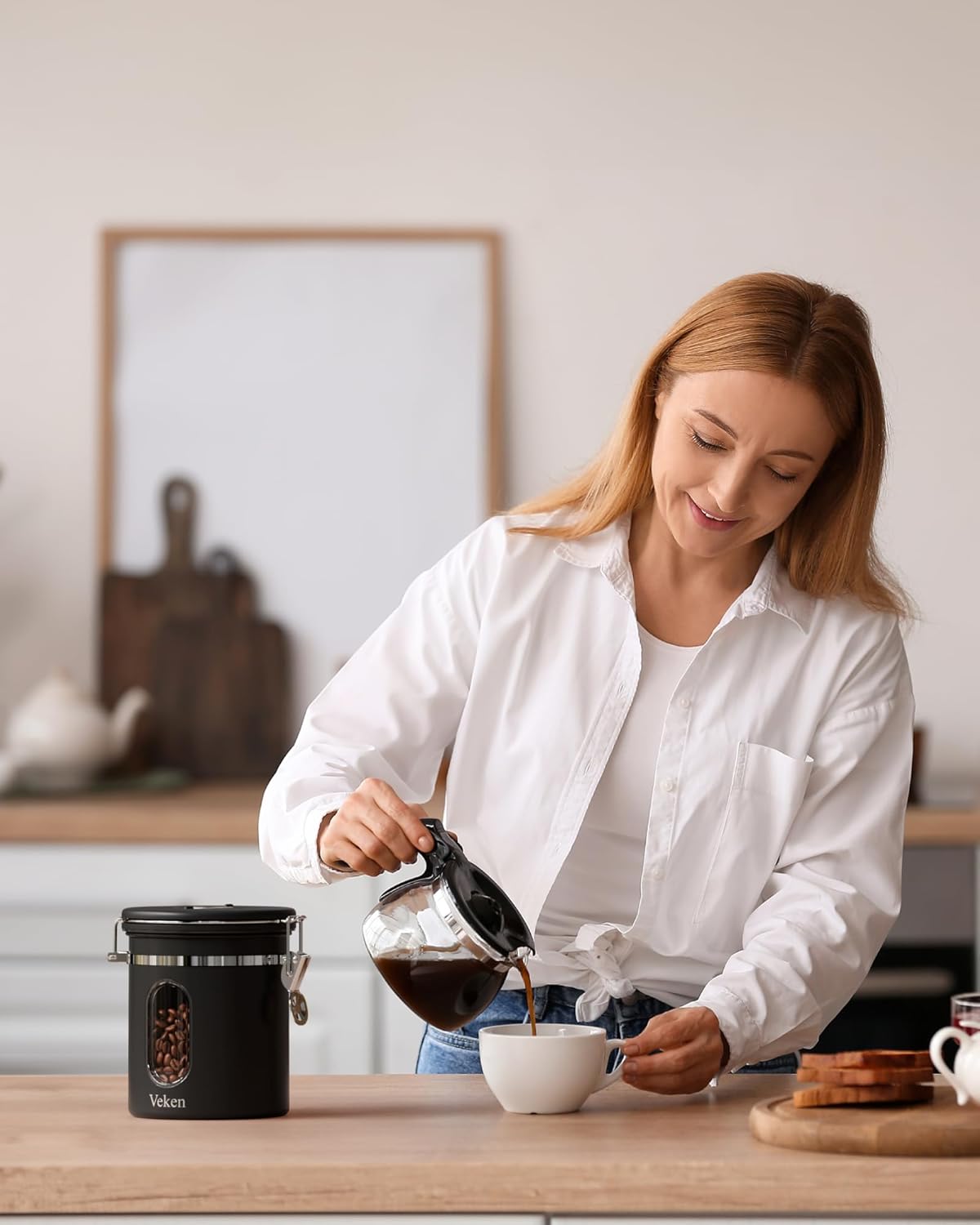 Veken Coffee Canister - Airtight Stainless Steel Food Storage Container with Window & Date Tracker | 16oz Black