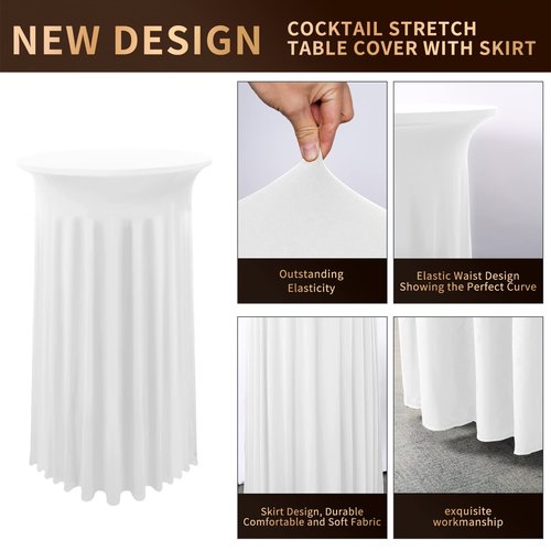 6 Packs Cocktail Table Covers White Cocktail Table Cloth 32"x 43" Spandex Stretch Small Round Tablecloth for 32in Table with Wavy Drapes Fitted High Top Table Cloth for Party Wedding Banquet Bar Table
