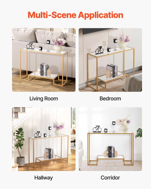 VEVOR Glass Console Table, 42 Inch Entryway Table, Modern Rectangle Sofa Table with Tempered Glass Top and Iron Legs, 2-Tier Golden Consloe Desk for Living Room, Hallway, Entryway