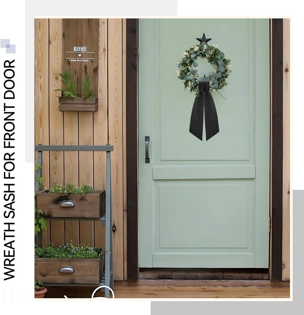 Skiennix Black Wreath Sash - Elegant Linen Ribbon Bow for Front Door & Porch Decor | 2 Pcs Set