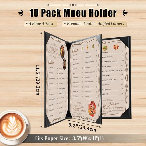 FLKQC Restaurant Menu Covers Holders 8.5" X 11" | Pack of 10 Synthetic Leather 4 View Menu Holder Covers Book Style with Angled Corners Black for Wine List (10, 4 View (8.5" x 11"))