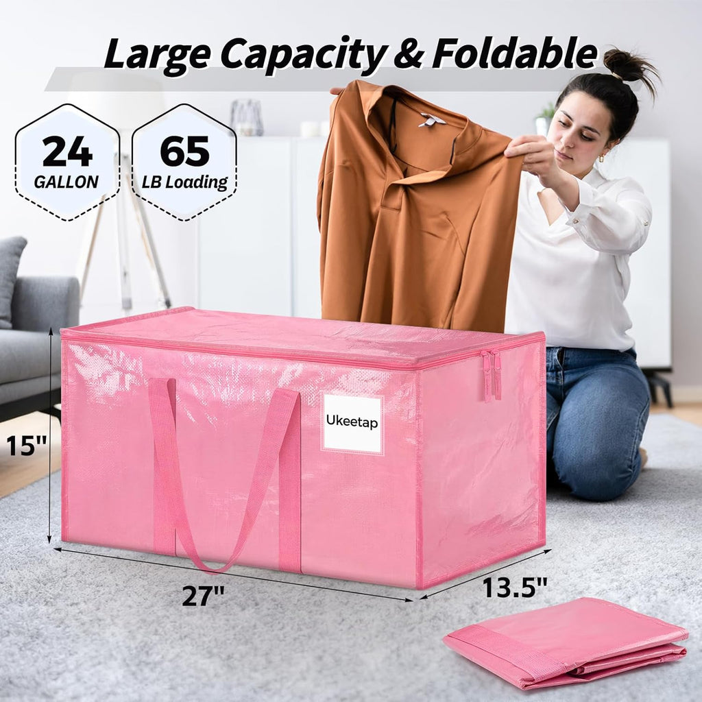 Skiennix Extra Large Heavy-Duty Moving Bags - 16 Pack Pink Storage Bins with Lids & Reinforced Handles