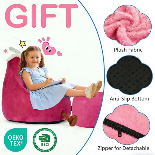 2FT Memory Foam Bean Bag Chair - Ultra Soft Faux Rabbit Fur Round Sofa with Handle & Machine Washable Cover, Comfy Lazy Chair for Kids Teens, Perfect for Reading Gaming in Living Room Bedroom，Magenta