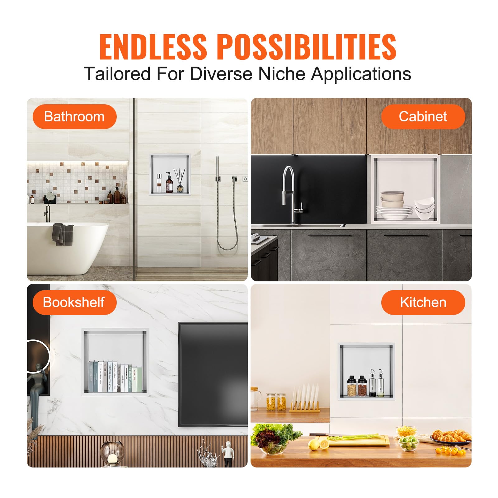VEVOR Shower Niche No Tile Needed, Stainless Steel Niche for Shower Wall, Sealed Waterproof Rust-Resistant Bathroom Niche for Storage, 13x13'' Single Shelf