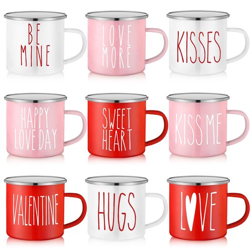 Mumufy 9 Pcs Valentine's Day Coffee Mugs 12 oz Valentine's Day Enamel Mug Romantic Coffee Mug Outdoor Camper Mug Kiss Love Sign Camping Tea Cup for Valentine's Day Party Campfire