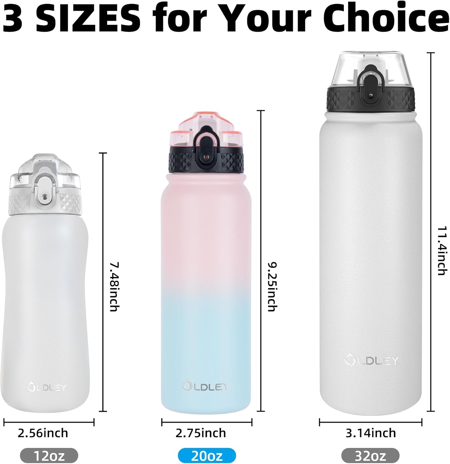 Oldley Insulated Water Bottle - 20oz Stainless Steel with 3 Lids | Double Wall Vacuum for Adults & Kids - Light Pink-Blue
