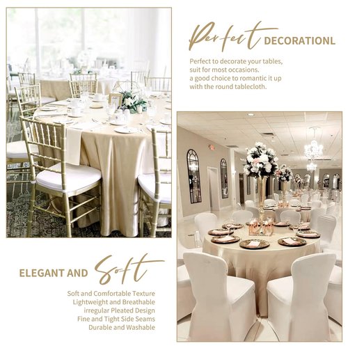 Pesonlook 6 Pack Champagne Round Tablecloth, 108 Inch Satin Fabric Tablecloth for Round Table, Wrinkle Resistant Washable TableCover Bright Silk TableClothes for Wedding Party Dining Table Banquet