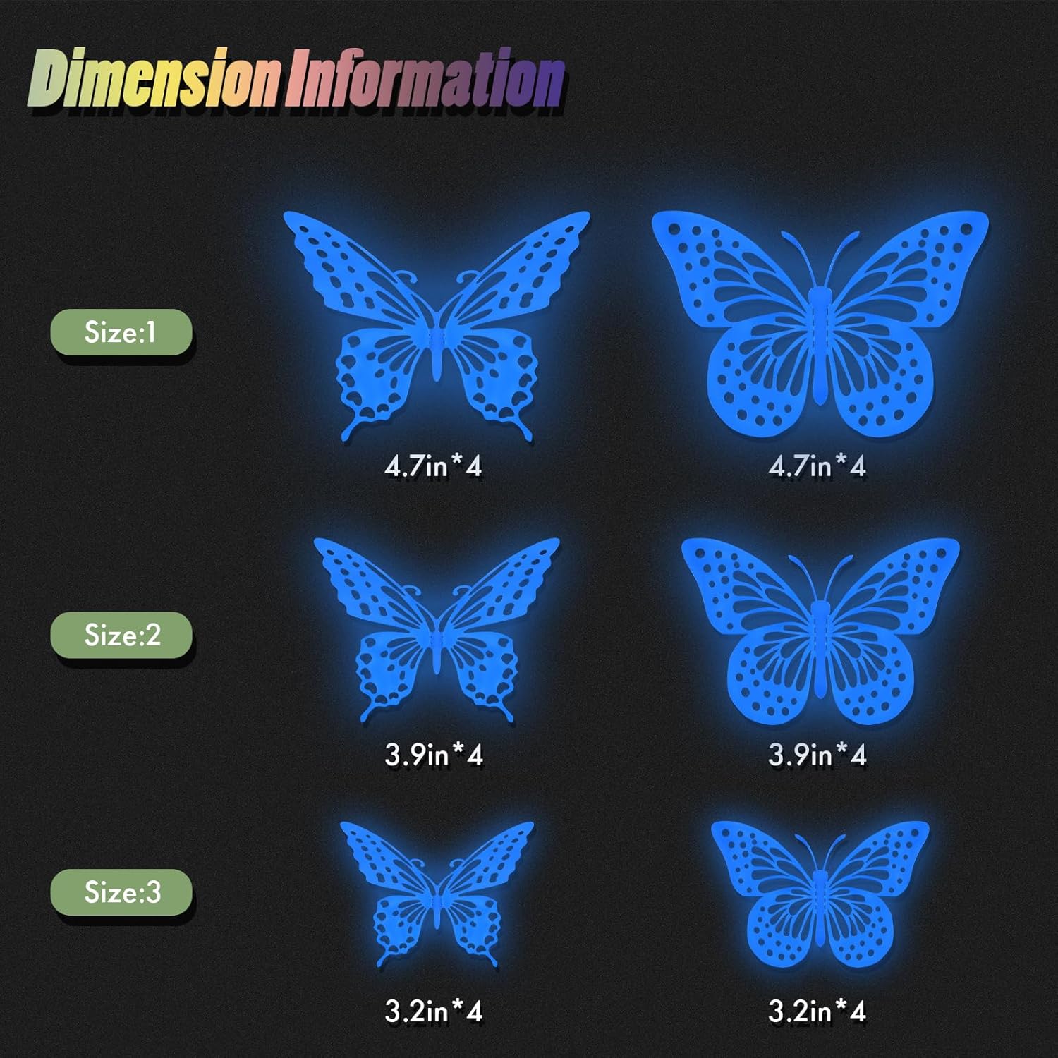 SAOROPEB Glow In The Dark Butterfly Stickers - 24 Pcs in 3 Sizes for Ceiling & Wall Decor | Luminous Kids' Nursery Decor (Blue)