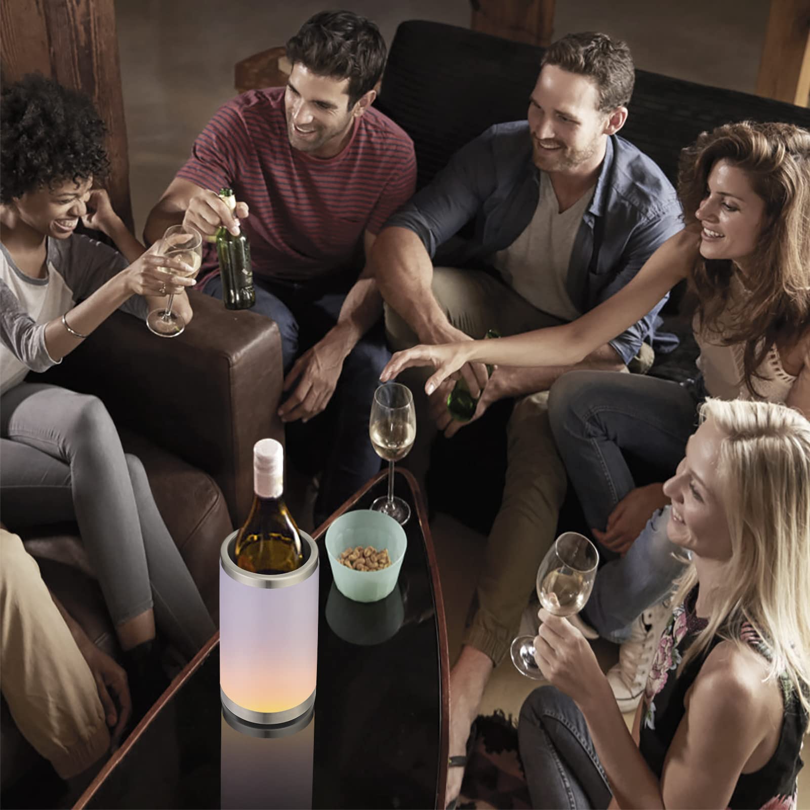 Elrigs Wine Chiller with Rechargeable RGB Touch Lamp| Wine Bottle Cooler Bucket| Double Walled Insulator with 2 Ice Pack for 750ml Champagne| Perfect Wine Gifts| Wine Accessories for Party/Dinner