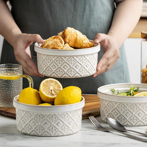40 Oz Ramekins - Ceramic Airtight Bowls Set of 4 | Large Mixing Bowls with Lids for Salad, Soup, Pasta & Baking - Beige
