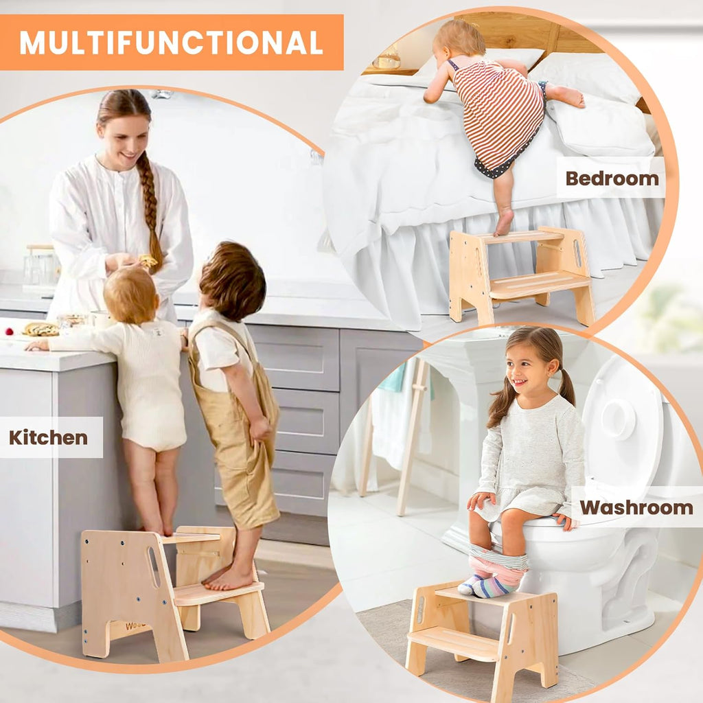 Skiennix Toddler Step Stool - Height-Adjustable 2-Step Design with Handles for Potty Training | Kids' Bathroom & Kitchen Use