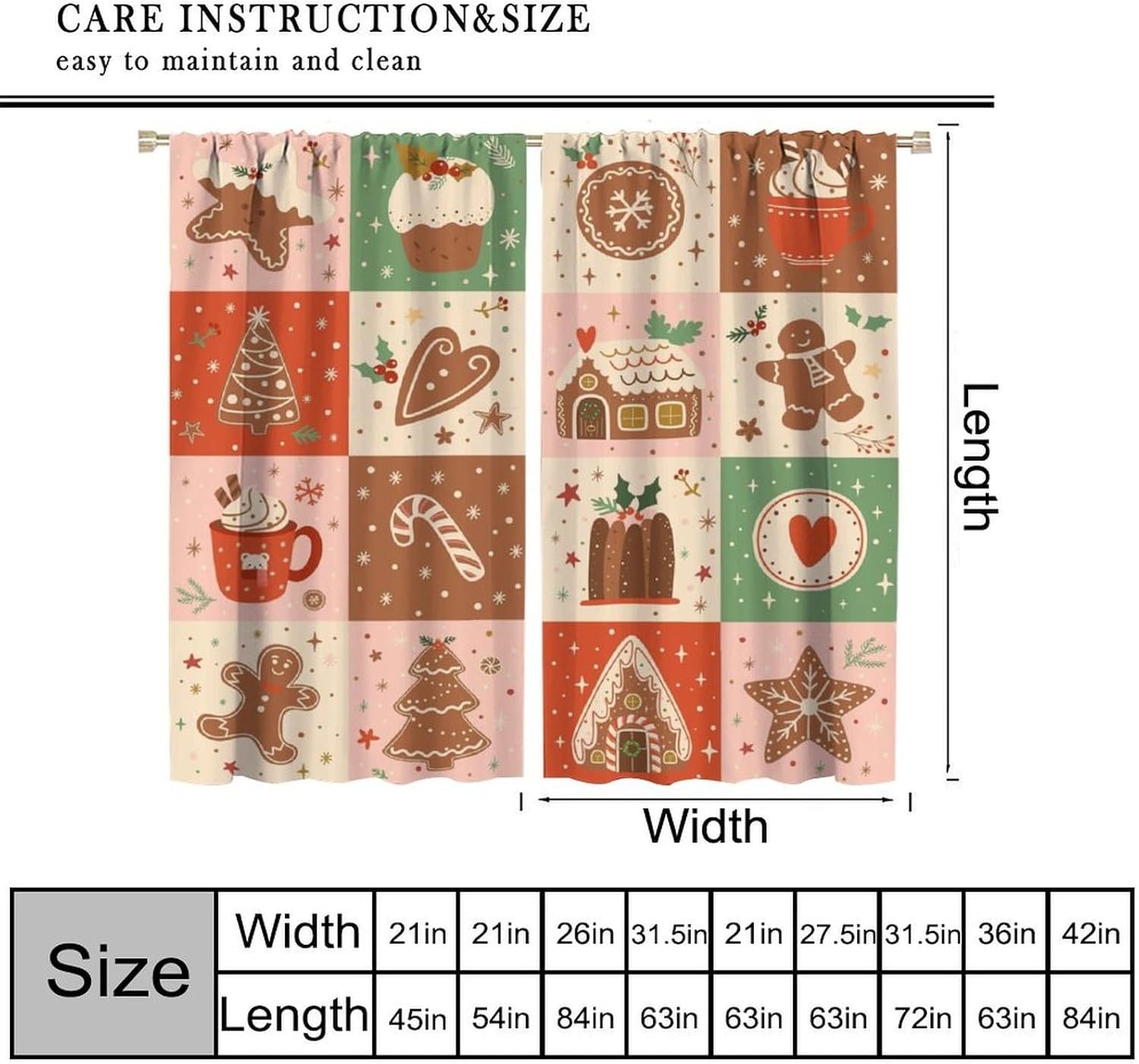 Regine Switzerland Christmas Patchwork Curtains - Hand-Drawn Gingerbread House Design | Winter Holiday Drapes (W20xL45 Inch) - Set of 2