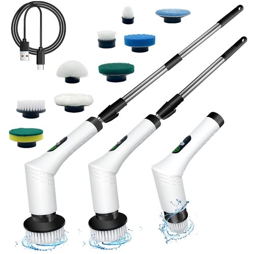 Spin Scrubber,9-In-1Multifunctional Cleaning Brush with Detachable Handle,9 Replaceable Brush Heads&LCD Display,Rechargeable Electric Spin Scrubber for Bedroom,Bathroom,Kitchen,Car