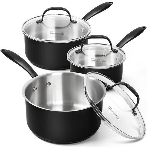 MICHELANGELO Stainless Steel Saucepan Set, Triply-Base Sauce Pan with Lids, Stainless Steel Sauce Pot for All Stoves, Induction Compatible, Oven Safe - 1QT & 2QT & 3QT