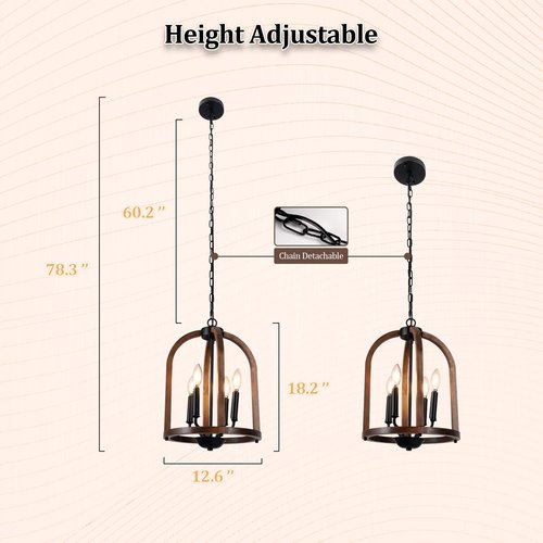 Farmhouse Wood Chandelier, 4-Light Light Fixtures, 12.6” Brown Wood Chandeliers for Dining Room, Hanging Pendant Chandeliers with Candle Style E12 Base for Living Room Kitchen Island Bedroom Foyer