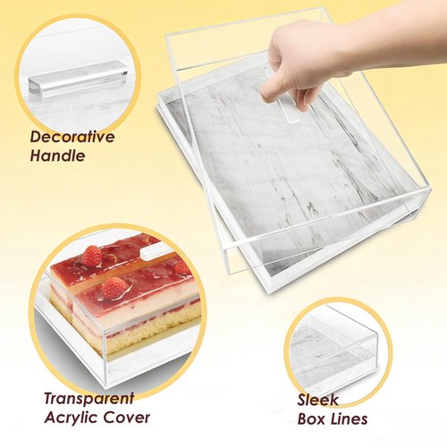 Large Acrylic Rectangular Cake Tray - Multifunctional Rectangle Cake Stand with Cover Lid - Pastry Serving Dessert Holder Tray for Party Home Kitchen Gift2 (White)