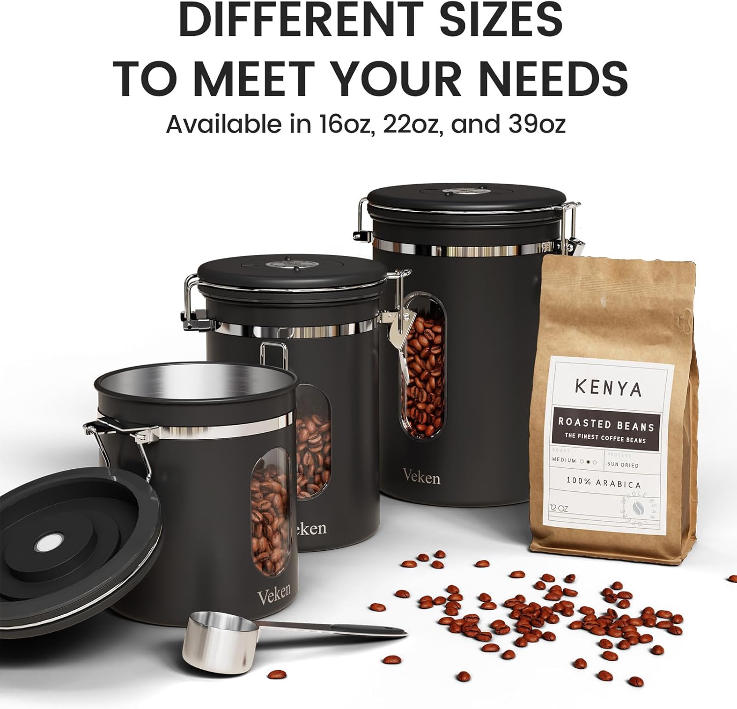 Veken Coffee Canister - Airtight Stainless Steel Food Storage Container with Window & Date Tracker | 16oz Black