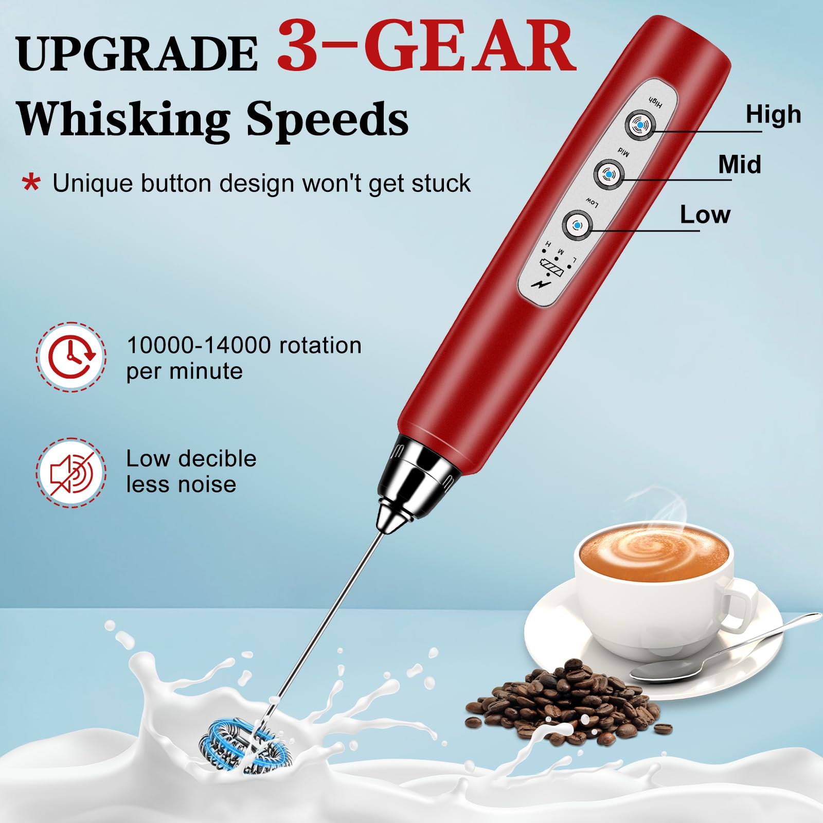 Milk Frother Handheld with Stand, Electric Whisk 3 Speed Adjustable, Drink Mixer with Stainless 3 Whisk, Rechargeable Hand Frother Wand, Foam Maker for Latte Cappuccino Hot Chocolate Egg Red