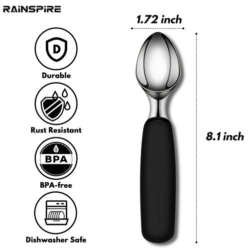 Urbanstrive Ice Cream Scoop Stainless Steel, Ice Cream Scooper Professional Large Ice Cream Scoops With Non-Slip Rubber Handle, Ice Cream Spade for Cookie Dough, Gelato, Sorbet, Melon (Black)