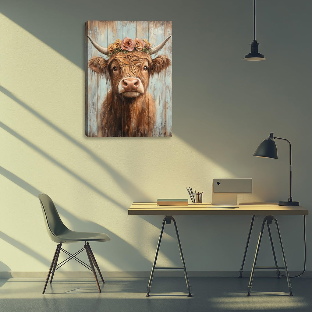 Highland Cow Canvas Wall Art for Living Room Rustic Farmhouse Picture Animal Print Painting Highland Cattle Flower Wall Decor Framed Artwork for Bedroom Office 24L x 18W