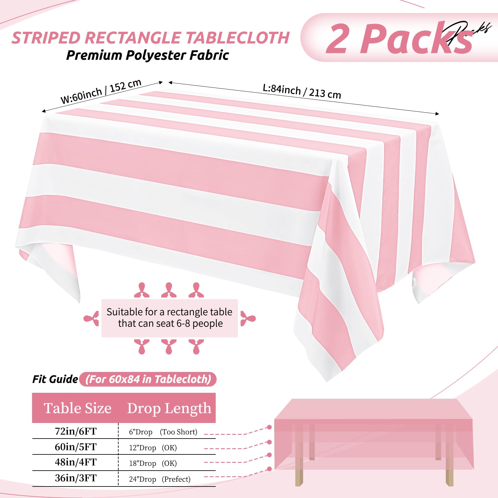 2 Pack Pink and White Striped Tablecloth Rectangle 60x84inch Polyester Fabric Washable Table Cloth for Afternoon Tea Birthday Party Picnic Barbecue Gathering Indoor Outdoor Dining Table Decor