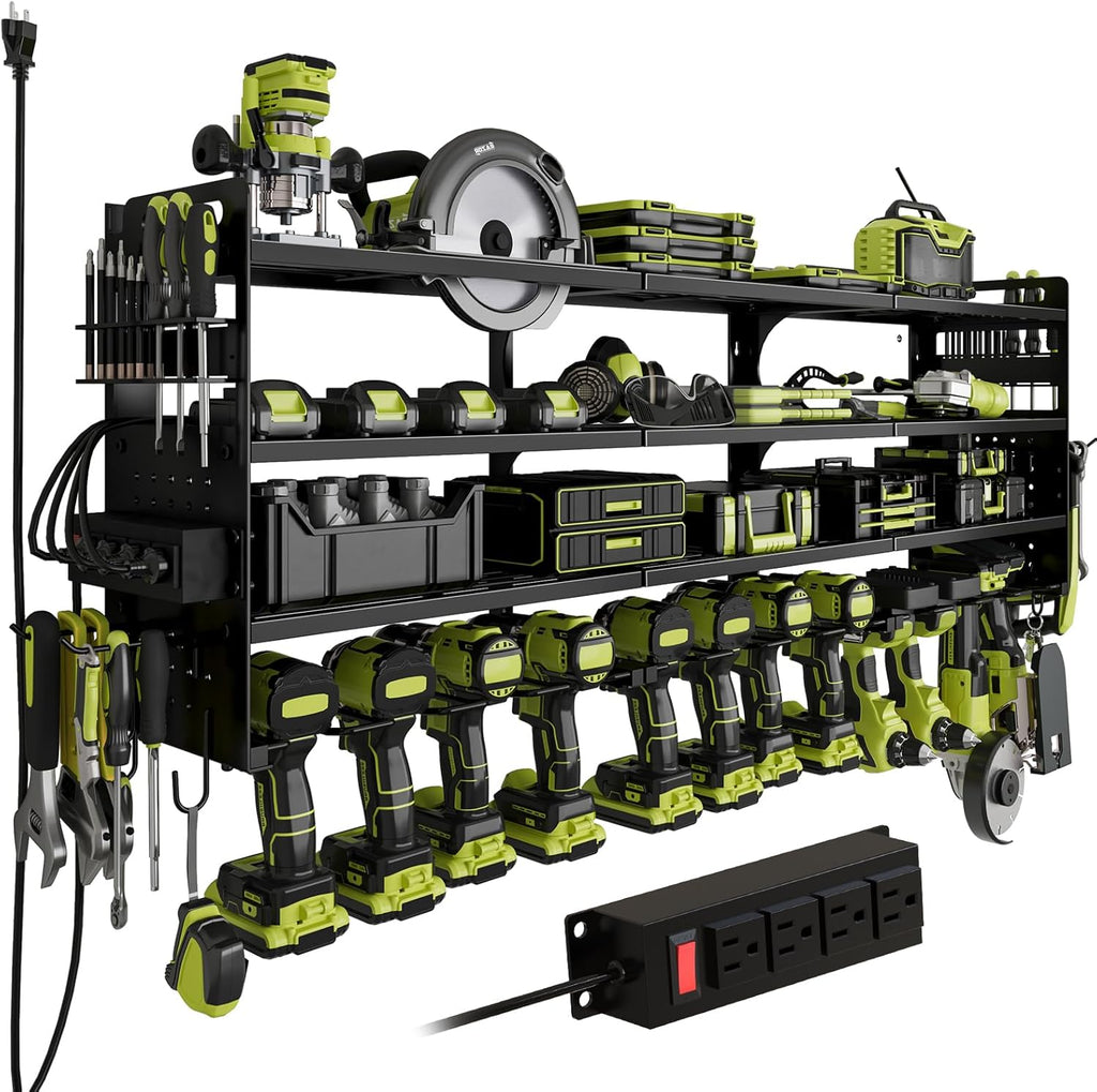 Skiennix Cordless Drill Holder - Heavy-Duty 4-Tier Tool Organizer with Pegboard & Power Strip | Wall Mount