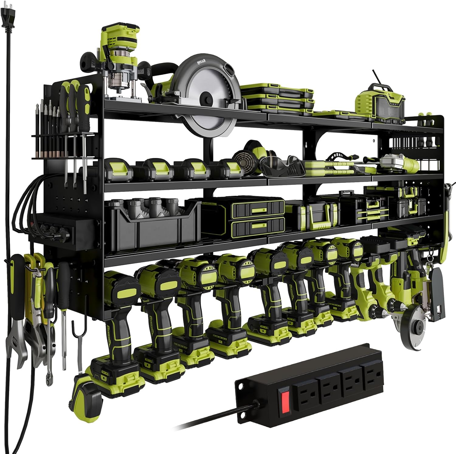 Skiennix Cordless Drill Holder - Heavy-Duty 4-Tier Tool Organizer with Pegboard & Power Strip | Wall Mount