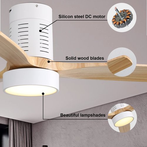 Sofucor 52 Inch Ceiling Fans with Lights and Remote Control, Modern Low Profile Flush Mount Wood Ceiling Fan, LED Dimmable, 6 Speeds Quiet DC Motor, Indoor/Outdoor Ceiling Fan for Bedroom Living Room
