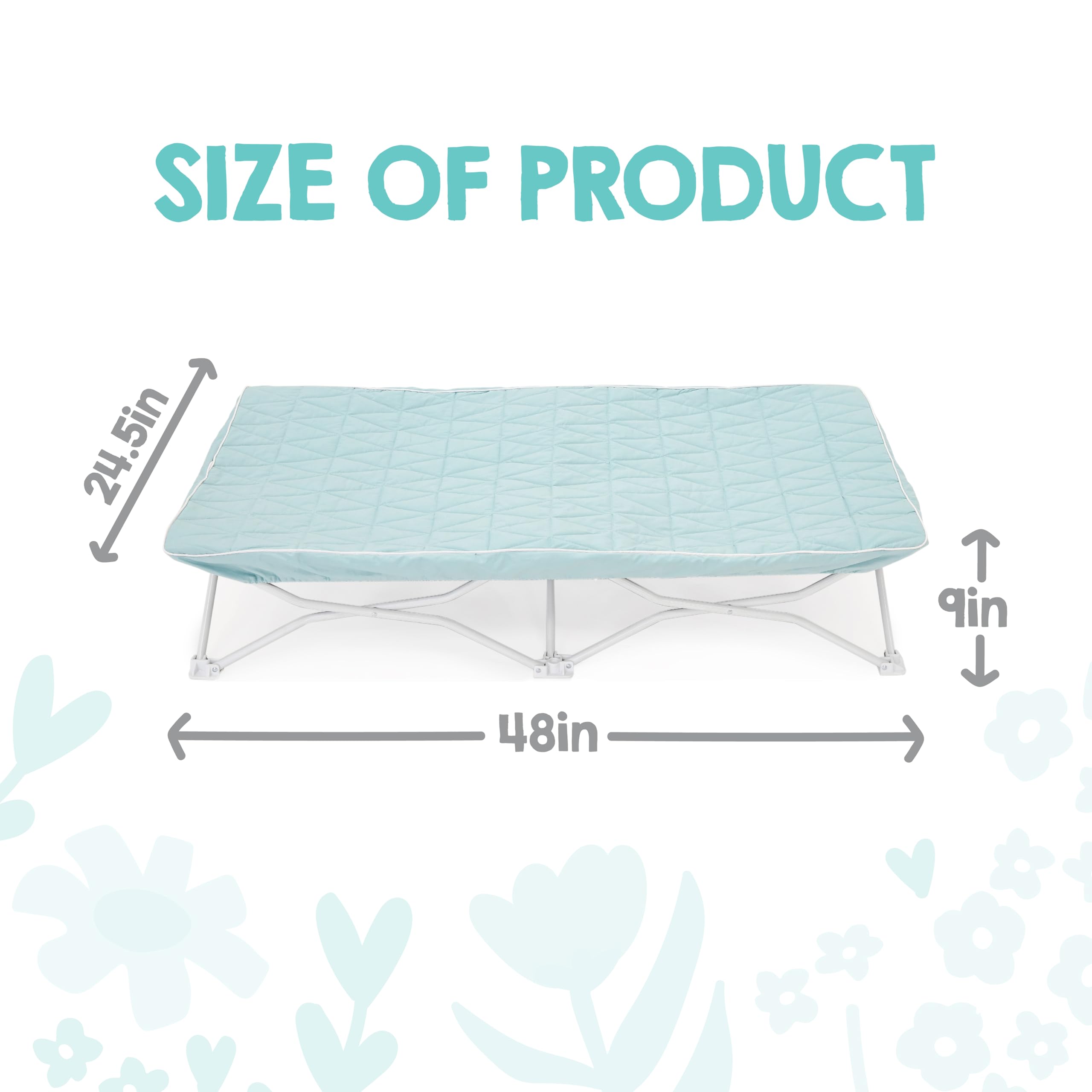 Regalo My Cot® Portable Toddler Bed with Fitted Sheet, Foldable Kids Travel Bed & Camping Cot, Includes Washable Quilted Sheet, 48” x 24.5” x 9”, Seafoam