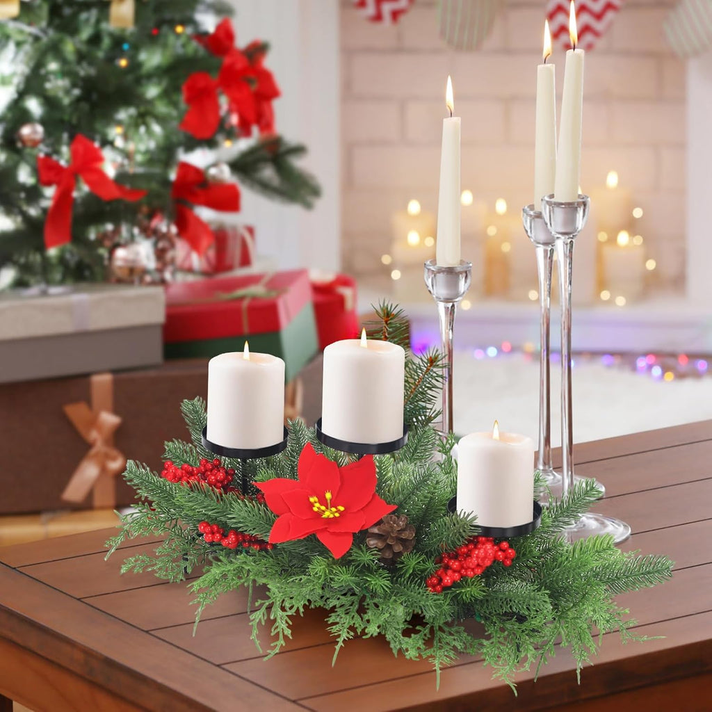 Regine Switzerland Christmas Advent Wreath Candle Holder - Festive Table Centerpiece with 3 Holders, Red Berries & Pinecones