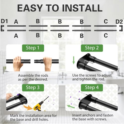 Double Shower Curtain Rod, Adjustable 28 to 76 Inches Wall Mounted Double Shower Rod Rustproof, Black Shower Curtain Pole for Bathroom, Laundry Room, Bathtub and more
