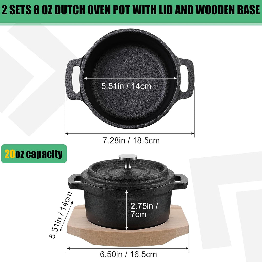 Skiennix 20 oz Dutch Oven Pot Set - Pre-Seasoned Cast Iron Casserole with Lid & Wooden Base | Heavy-Duty Black Cocotte