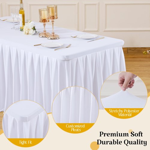 gogoparti Table Skirts for Rectangle Tables 6ft, 6 Pack White Table Covers for 6 Foot Tables Wrinkle Free Stretch Table Cloths with Pleated Skirt Fabric for Banquet, Party, Wedding