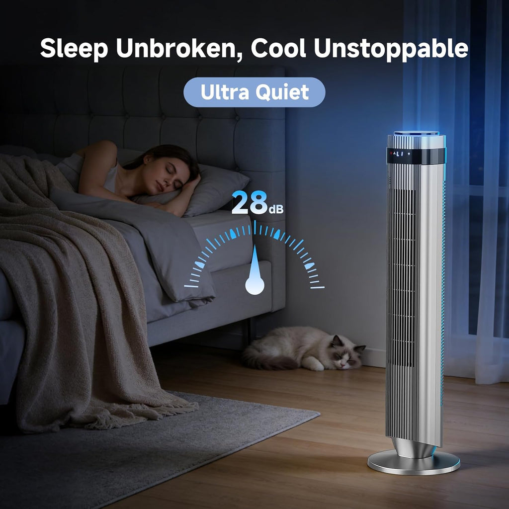OLIXIS Tower Fan - Quiet 28dB Bladeless Cooling Fan with Remote, 12-Hour Timer, 5 Speeds | Grey