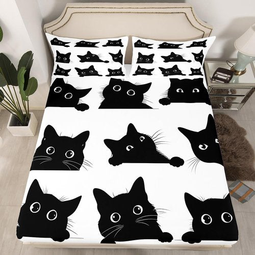 Feelyou Black Cat Bed Sheet Set for Kids Boys Girls Cute Kitten Print Bedding Set 1 Flat Sheet + 1 Fitted Sheet + 2 Pillowcases Queen Size