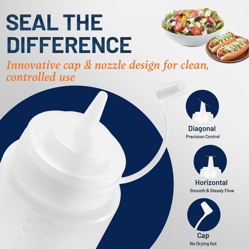 SECLENT 16 oz Condiment Squeeze Bottles, Squirt Bottles for Sauces, Ketchup, Plastic Squeeze Bottle for Liquids, Leak Proof, Dressing Bottle for Syrup, Pancake Batter, oil, Arts and Crafts, Pack of 6