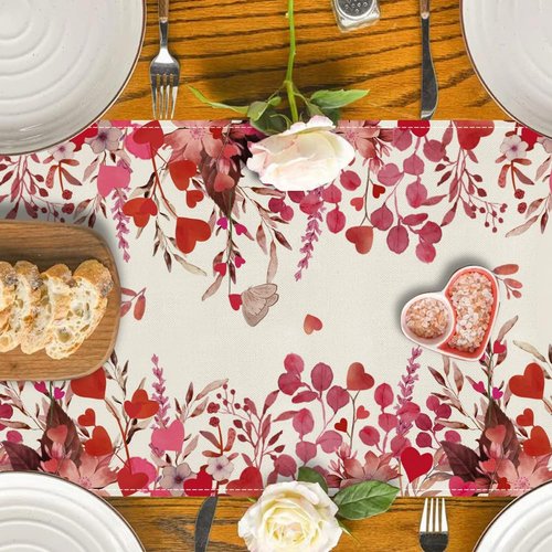 RABUSOFA Valentine's Table Runner, Pink Love Floral Anniversary Wedding Kitchen Dining Table Decoration for Home Party Decor 13x72 Inch Red Pink