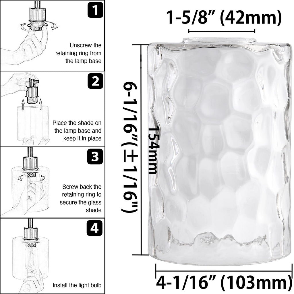 Rivqahra Glass Lamp Shade Replacement Globe & Cover for Light Fixture, 6-1/16" Height 4-1/16" Diameter, 1-5/8 inch Fitter, 5 Pack Clear Hammered Water Ripple Cylinder Glass Shade
