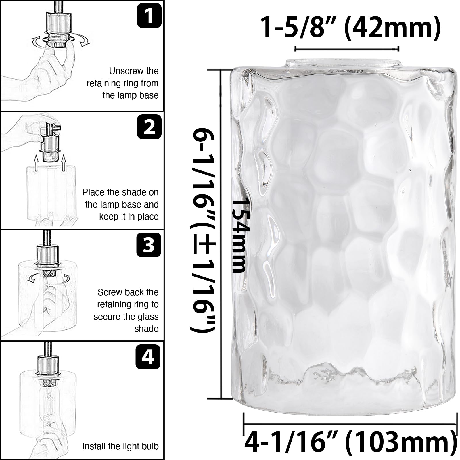 Rivqahra Glass Lamp Shade Replacement Globe & Cover for Light Fixture, 6-1/16" Height 4-1/16" Diameter, 1-5/8 inch Fitter, 5 Pack Clear Hammered Water Ripple Cylinder Glass Shade