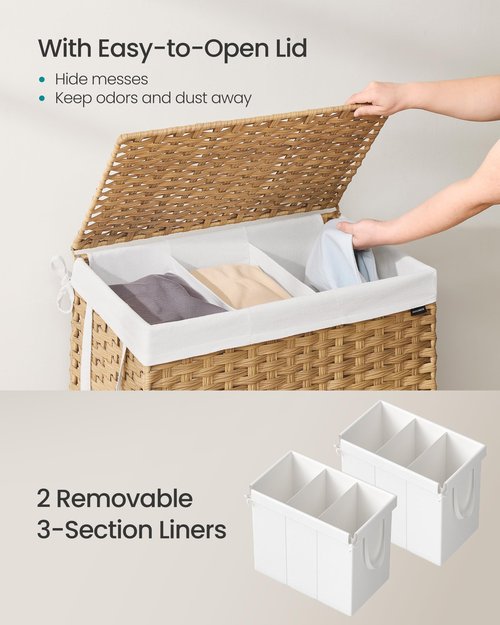 SONGMICS Laundry Hamper with Lid, 160 L Clothes Hamper with 2 Removable Liner Bags, 6 Mesh Bags, Wicker Laundry Basket, Double Laundry Hamper for Bathroom, 26 x 15.7 x 24 Inches, Natural ULCB316Y01